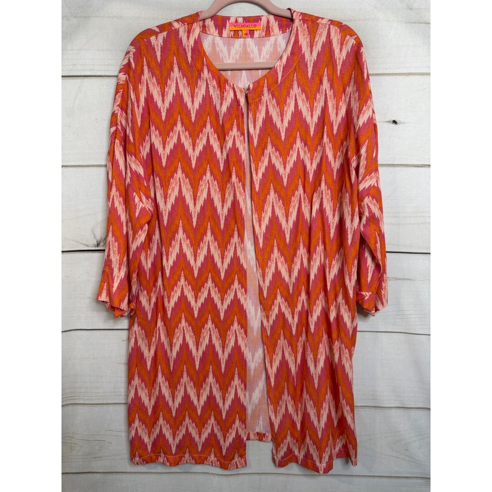 VILAGALLO Pink Orange Zigzag Ikat Open Front Duster Cardigan Size 40 Womens